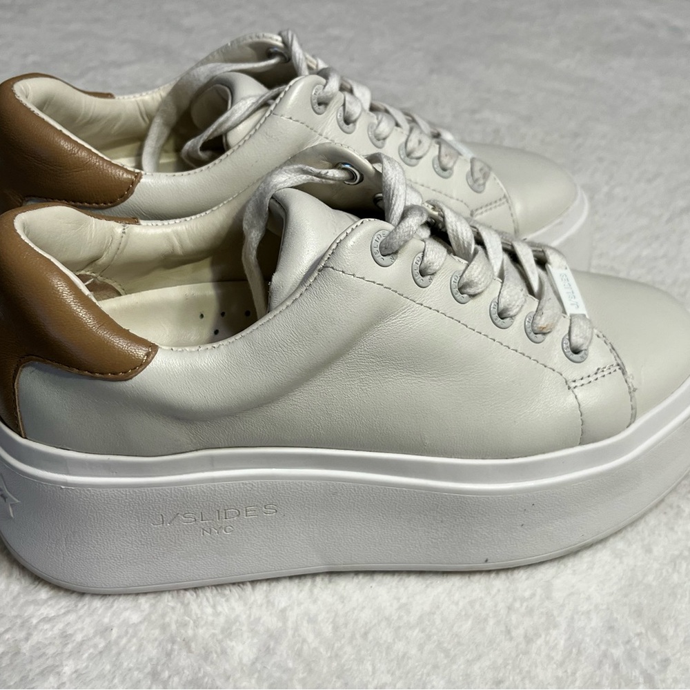 J/SLIDES White Leather Platform Sneaker with Tan Heel Collar